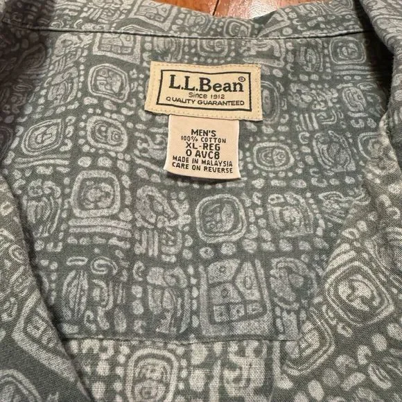 LL Bean Blue Mens XL Tribal Short‎ Sleeve Button Down Cotton Hawaiian Shirt VTG - Picture 5 of 7